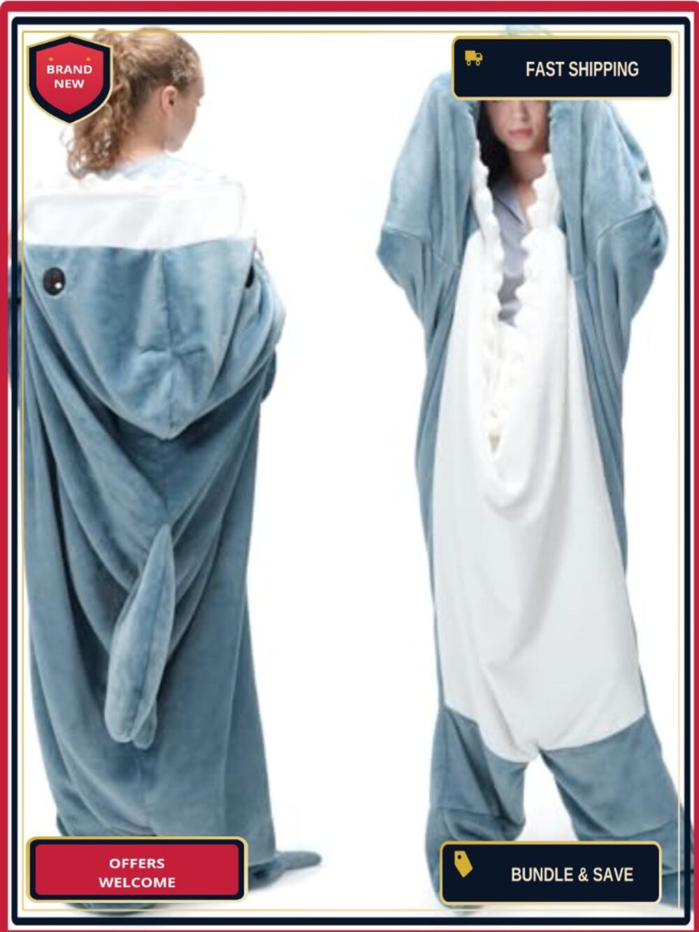 Wearable Shark Blanket Flannel Hoodie Onesie Throw Soft Cozy
